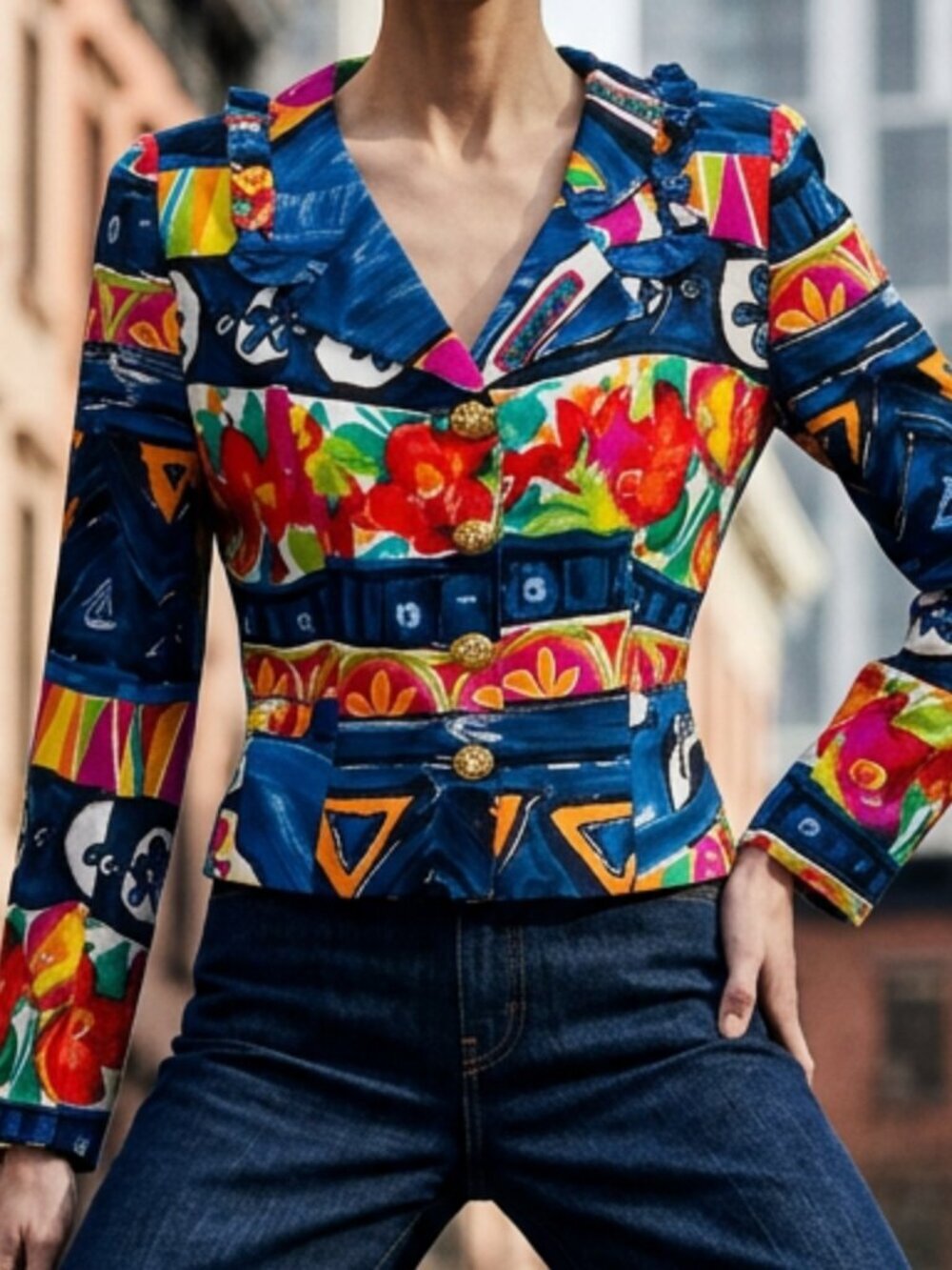 Vintage 90s Abstract Floral Ruffle Blazer Jacket Pearl Gold Buttons Whimsigoth S